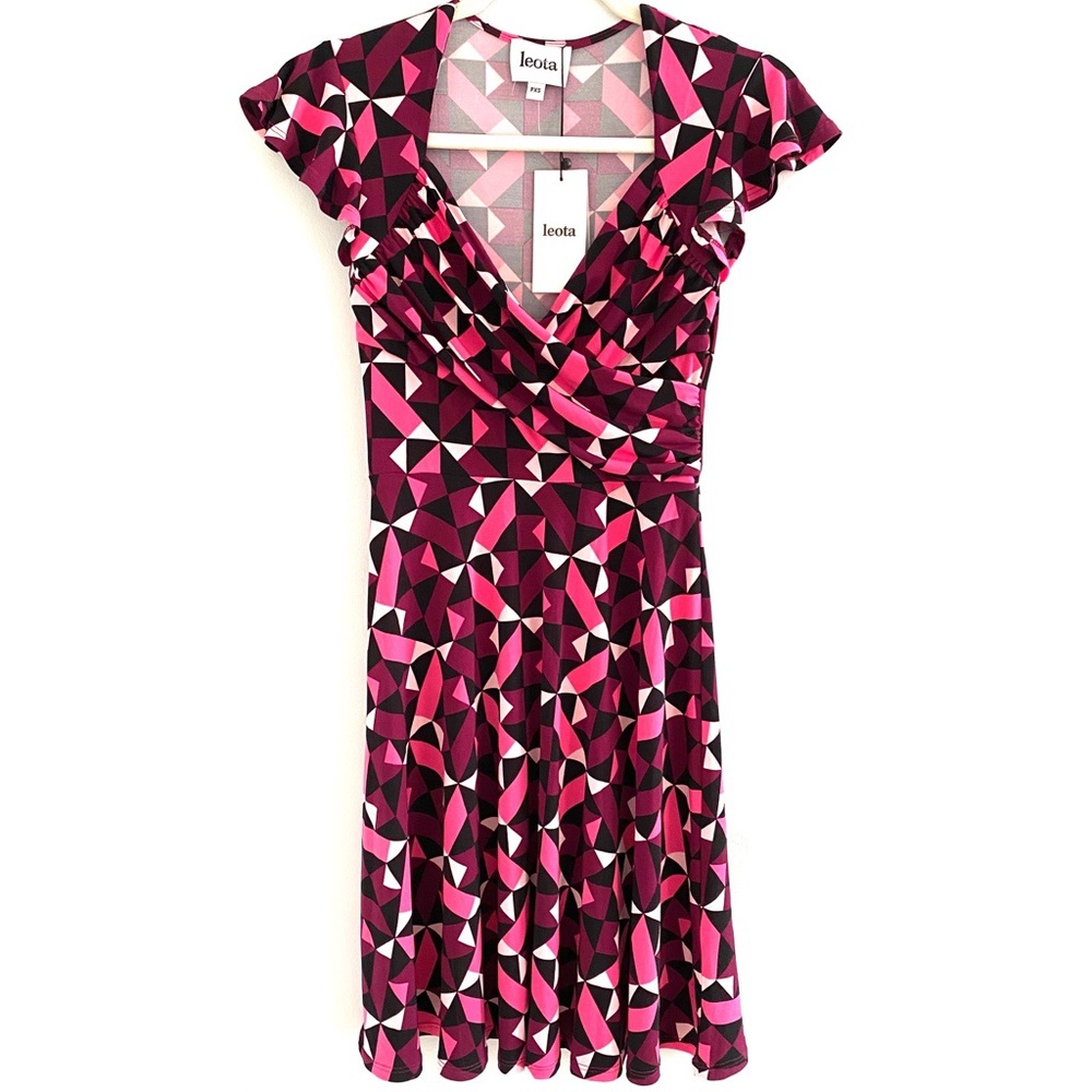 NEW Leota Sweetheart Geo Print Faux Wrap Flutter Sleeve Fit & Flare Midi Dress